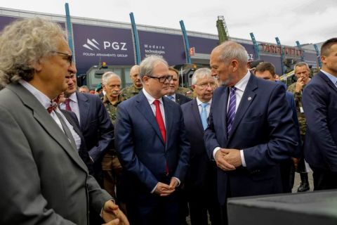 Poland's Defence Minister Antoni Macierewicz makes a tour over exhibition on the first day of MSPO 2016