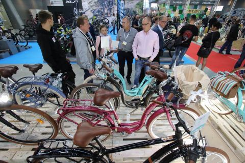 Various bicycles are on display at the Kielce Bike Expo